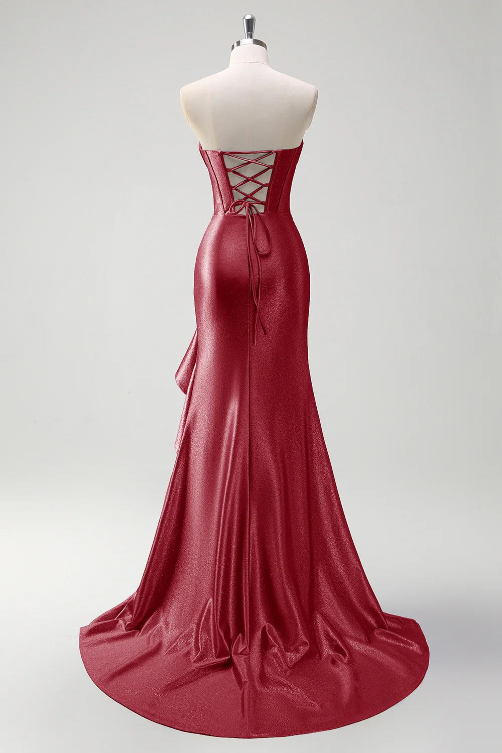 Sparkly Burgundy Mermaid Strapless Ruffled Corset Satin Long Formal Dress with Slit