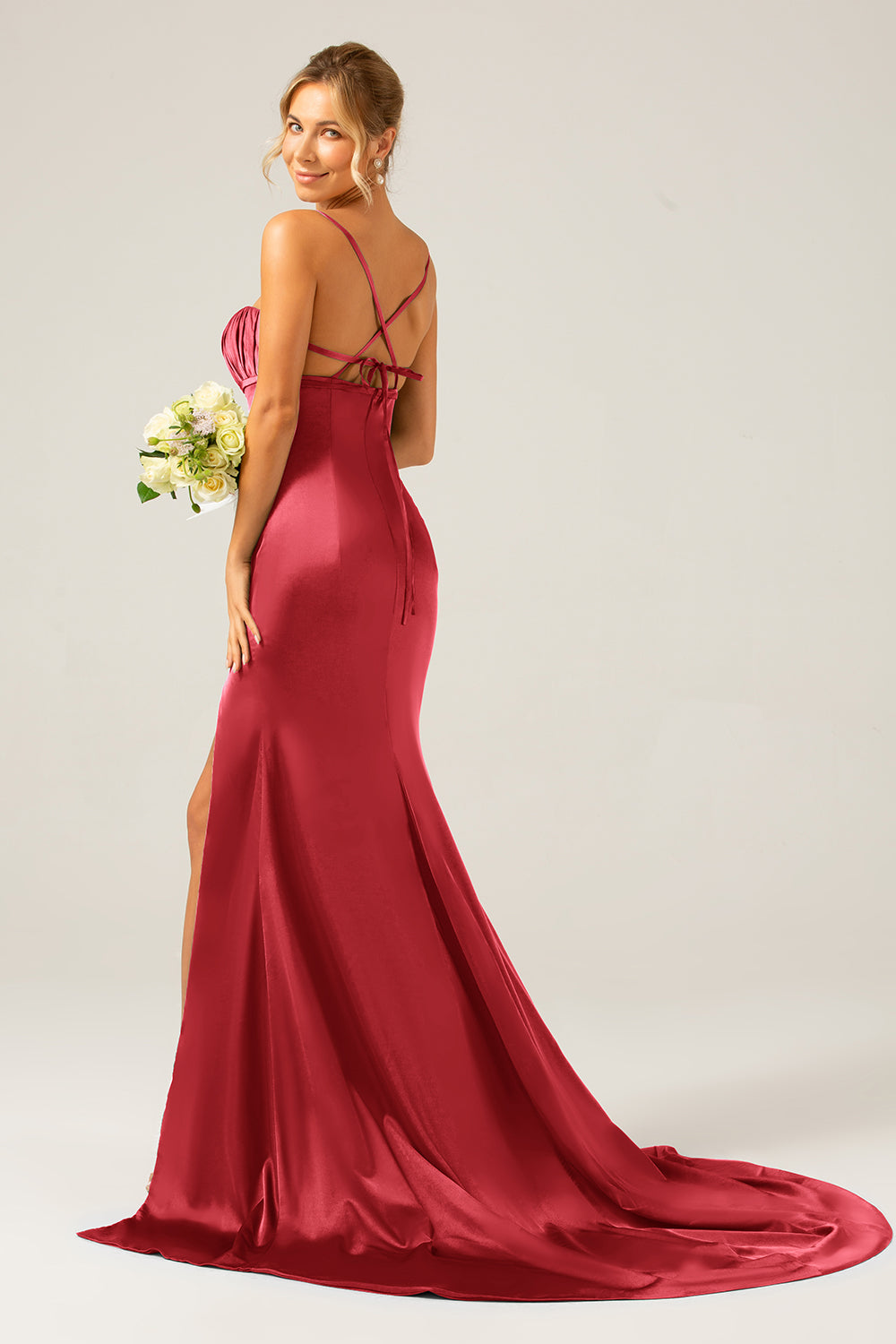 Mermaid Dusty Sage Spaghetti Straps Satin Formal Dress with Slit