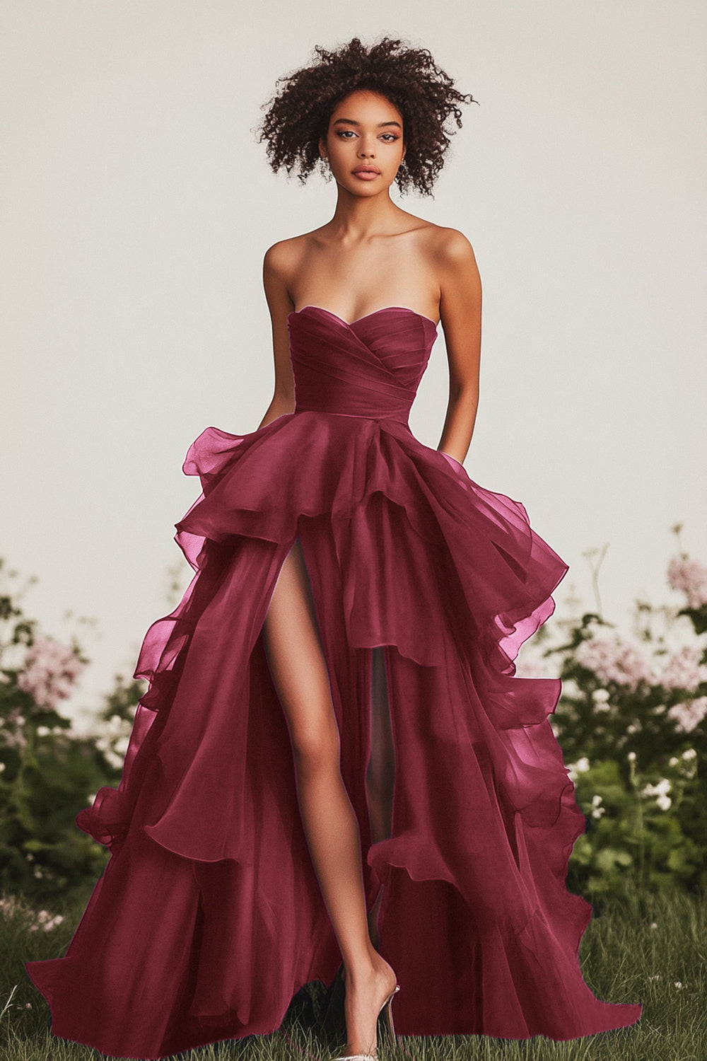 Navy Ball Gown Sweetheart Ruffled Long Formal Dress with Front Slit