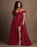 Plus Size Navy Off The Shoulder Satin Long Formal Dress with Slit