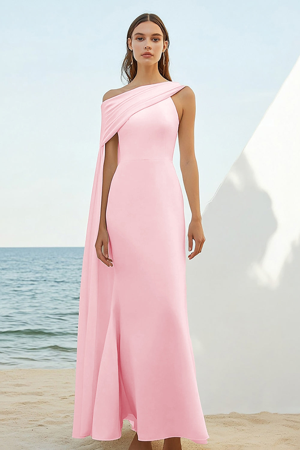 Black Satin Sheath One Shoulder Long Boho Formal Dress with Cape