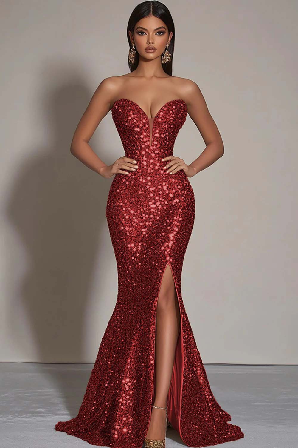 Sparkly Gold Sequins Sweetheart Mermaid Long Formal Dress with Slit