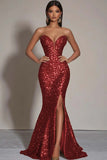 Sparkly Gold Sequins Sweetheart Mermaid Long Formal Dress with Slit