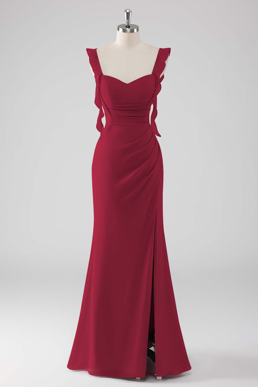 Burgundy Ruffled Sheath Lace-Up Back Long Bridesmaid Dress with Slit