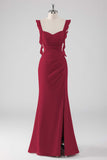 Burgundy Ruffled Sheath Lace-Up Back Long Bridesmaid Dress with Slit