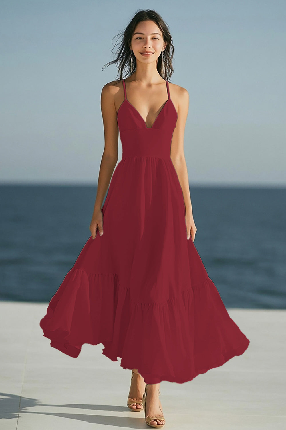 Dark Green Spaghetti Straps A Line Satin Maxi Boho Formal Dress