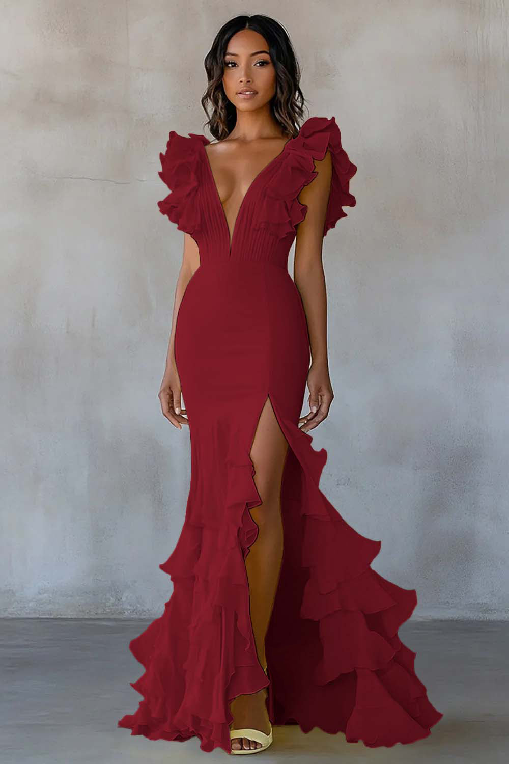 Burgundy Chiffon V-Neck Long Mermaid Ruffles Formal Dress with Slit