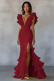 Burgundy Chiffon V-Neck Long Mermaid Ruffles Formal Dress with Slit