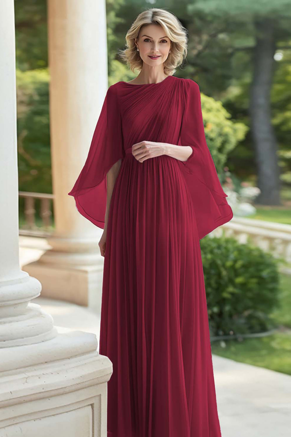 Black Pleated A Line Chiffon Mother of the Bride Dress with Sleeves