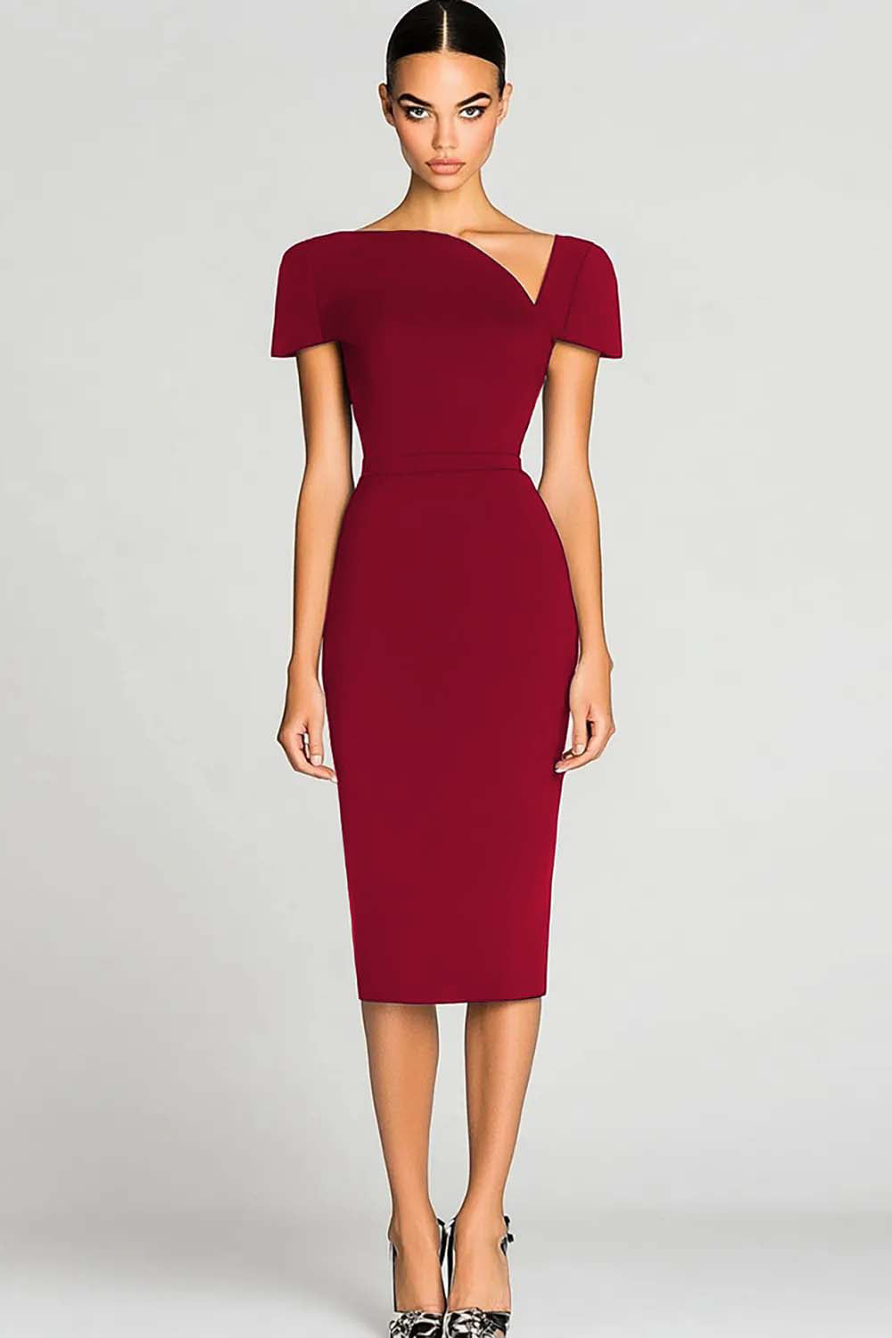 Black Short Sleeves Bodycon Satin Midi Work Dress