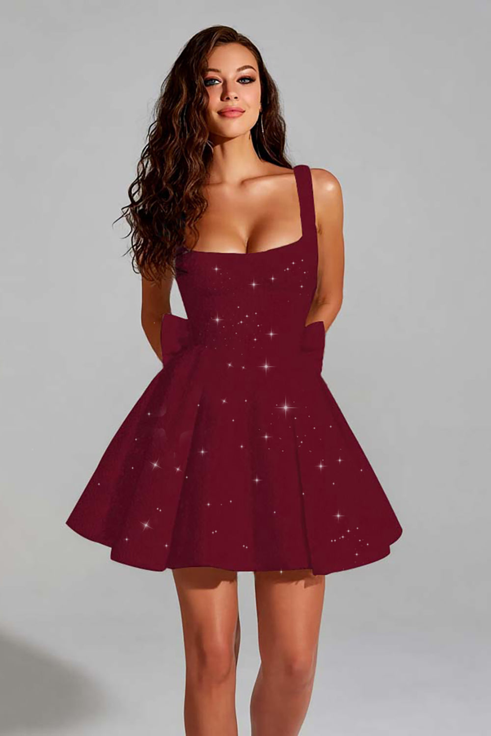 Sparkly A Line Square Neck Sequins Short Homecoming Dress with Back Giant Bow