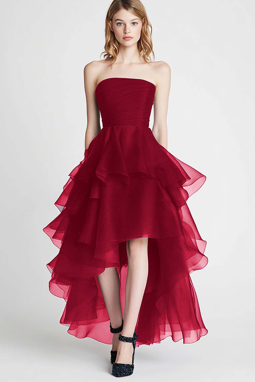 Navy Organza A Line Strapless Tiered High-Low Formal Dress