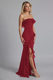 Burgundy Ruffled Chiffon Strapless Long Formal Dress with Slit