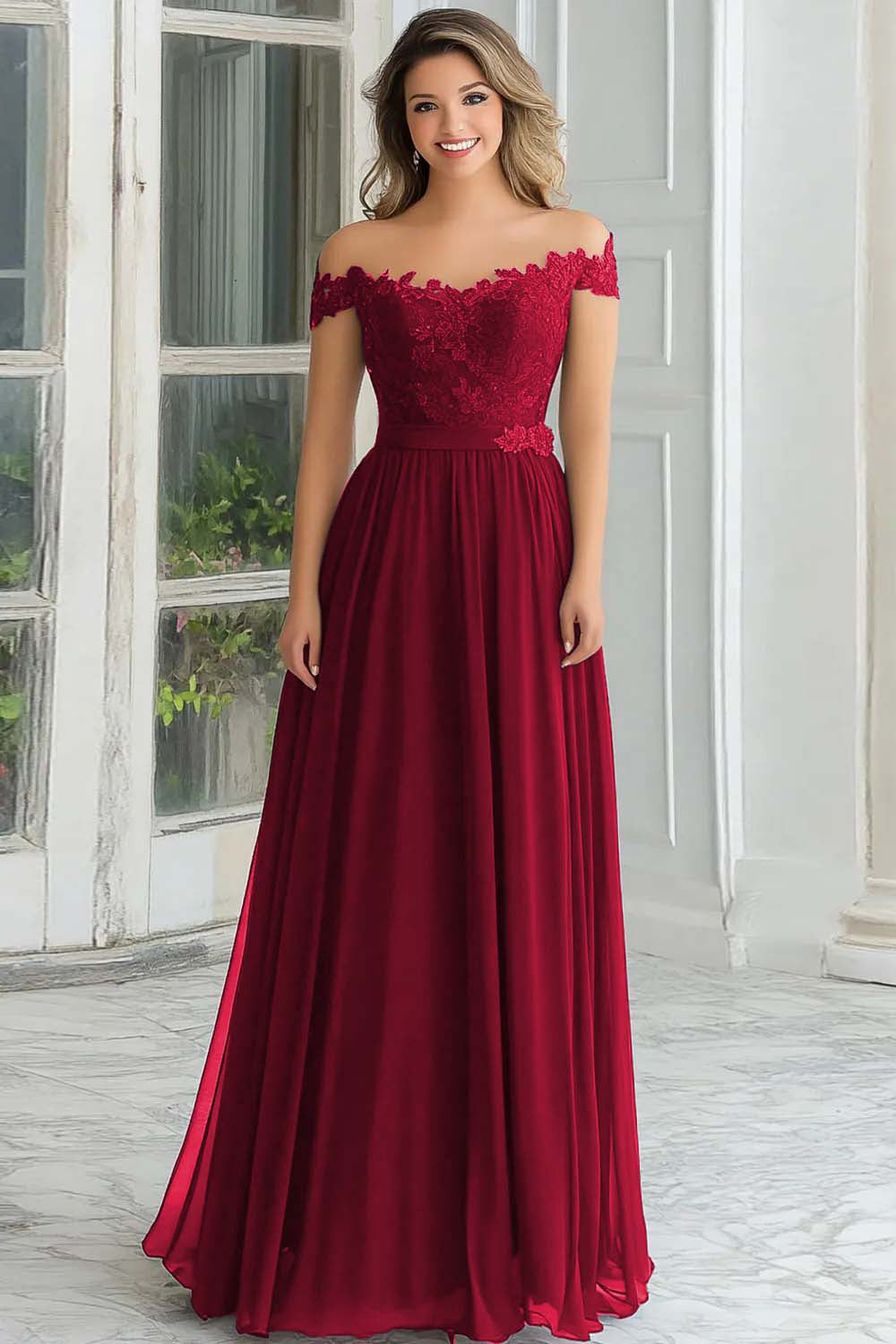 Elegant A-Line Navy Off the Shoulder Chiffon Long Mother Of the Bride Dress with Lace Appliques