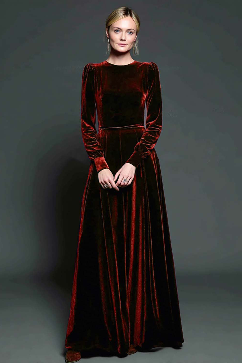 Dark Purple A Line Velvet Long Formal Dress with Sleeves