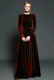 Dark Purple A Line Velvet Long Formal Dress with Sleeves