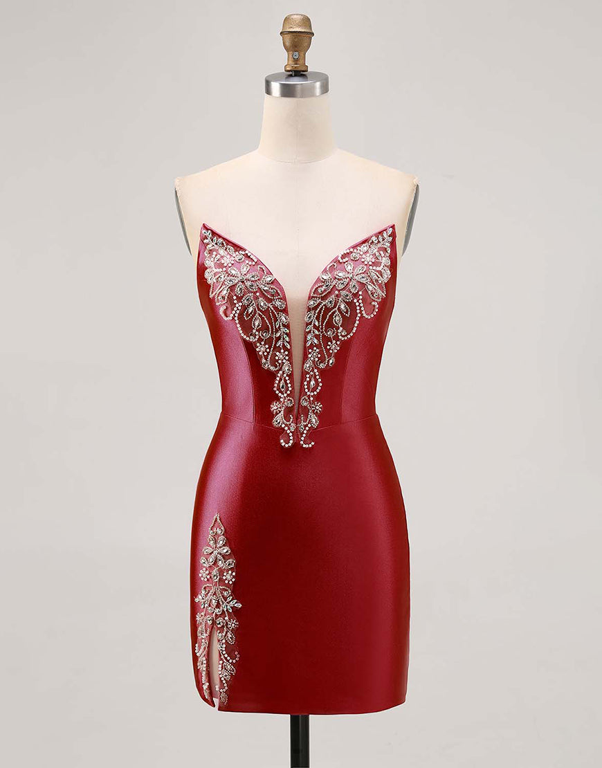 Sparkly Fuchsia Strapless Beaded Bodycon Short Cocktail Dress with Slit