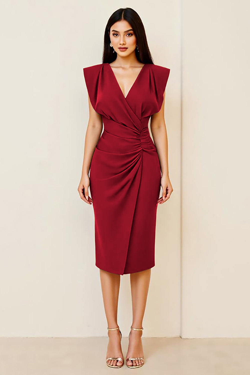 Black Satin Midi V Neck Ruched Bodycon Formal Dress