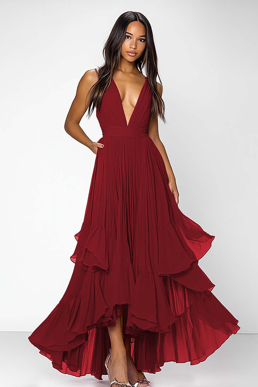 Black Deep V Neck Ruched Ruffles A Line Formal Dress