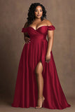 Plus Size Black Satin Off The Shoulder Long Formal Dress with Slit
