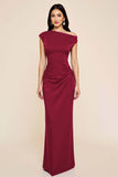 Plum Satin Sheath Ruched One Shoulder Long Formal Dress