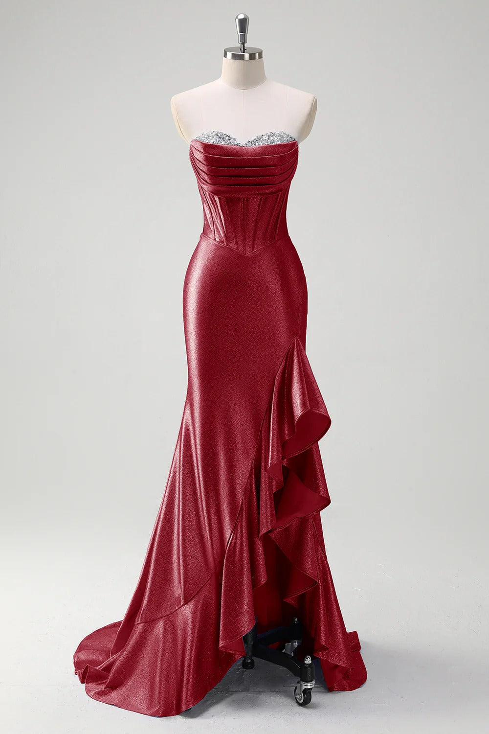 Sparkly Burgundy Mermaid Strapless Ruffled Corset Satin Long Formal Dress with Slit