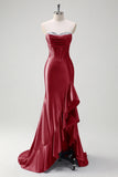 Sparkly Burgundy Mermaid Strapless Ruffled Corset Satin Long Formal Dress with Slit