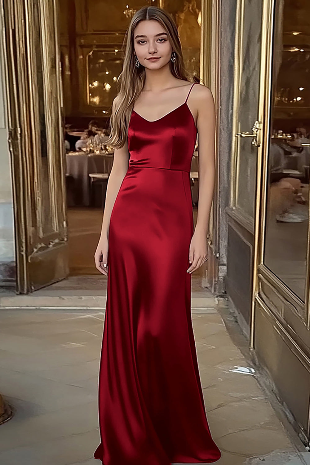 Black Satin Spaghetti Straps Sheath Long Formal Dress