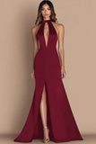 Plum Satin Halter Cut Out Mermaid Formal Dress with Slit