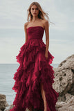 Fuchsia Organza Strapless Long Ball Gown Formal Dress with Ruffles