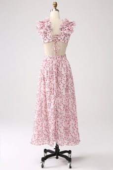 Pink Floral A-Line Deep V-Neck Pleated Backless Formal Dress