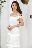 White Tiered Long Boho Engagement Party Dress with Lace