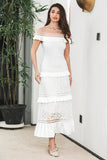 White Tiered Long Boho Engagement Party Dress with Lace