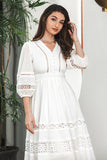 White 3/4 Sleeves Boho Engagement Party Dress with Lace