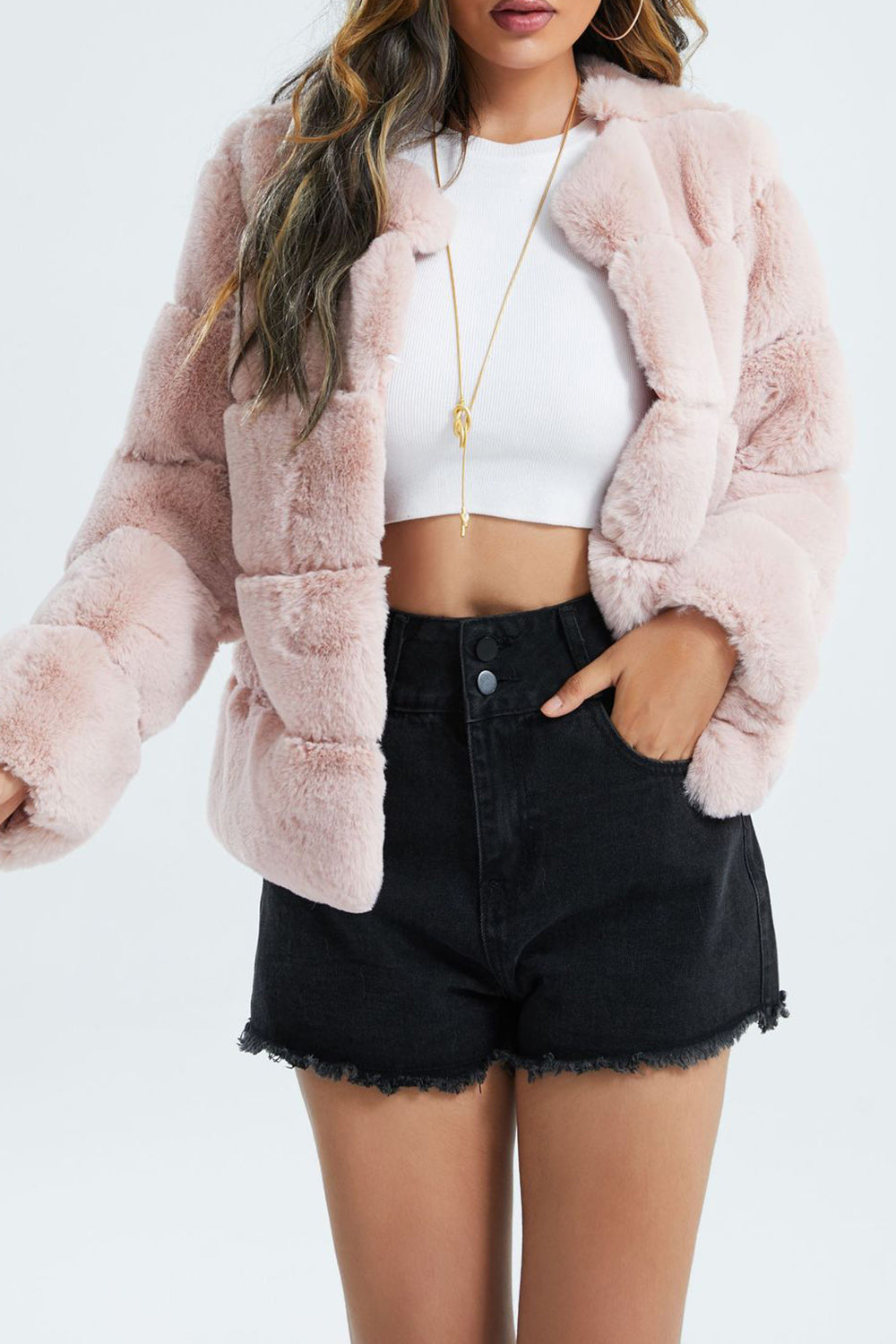 Pink Shawl Lapel Faux Fur Short Shearling Coat