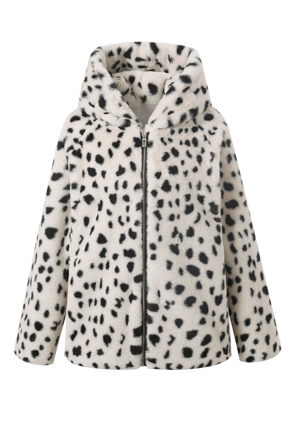 White Leopard Printed Faux Fur Hooded Shearling Coat