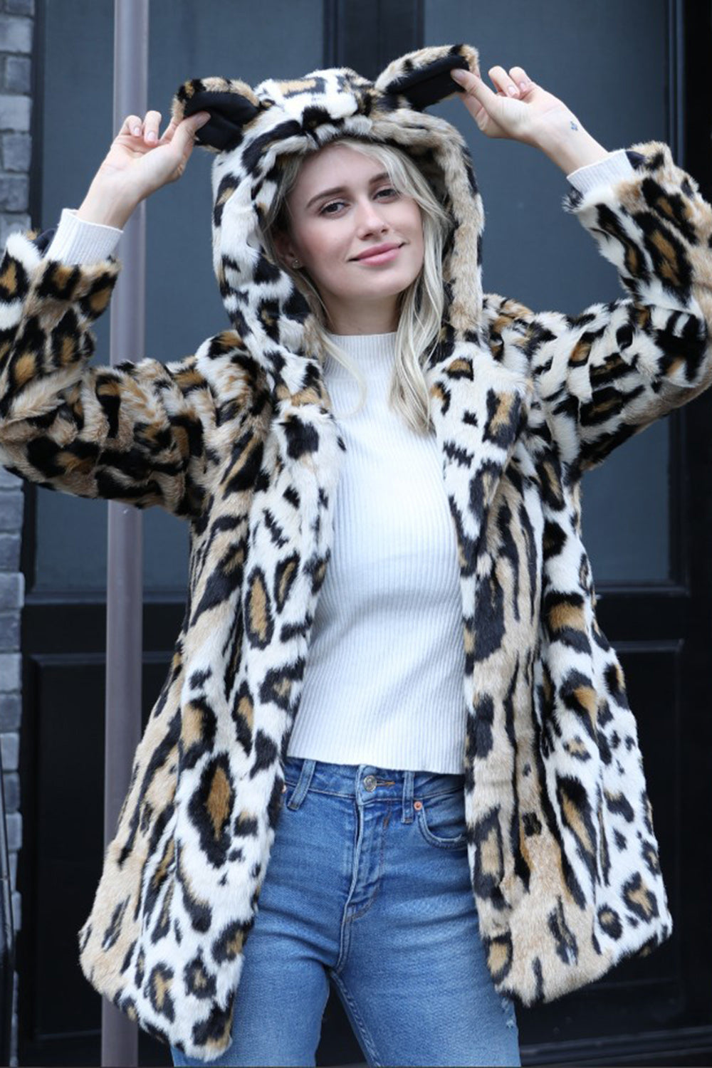 Brown Bunny Ears Hooded Faux Fur Midi Shearling Coat