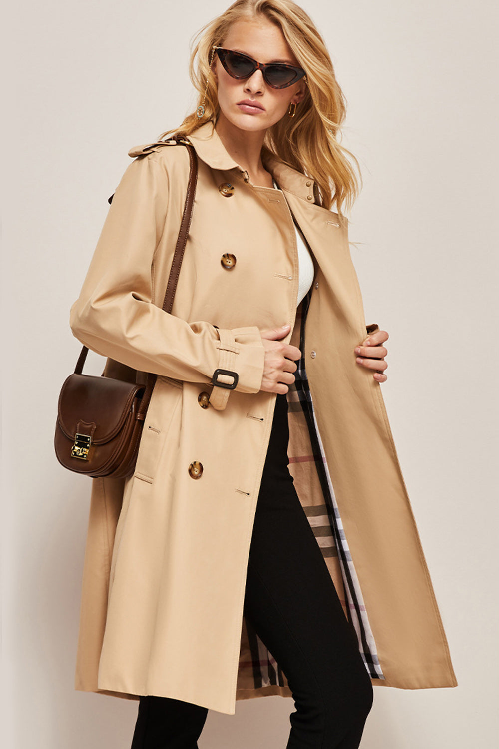 Khaki Double Breasted Long Slim Fit Trench Coat with Belt