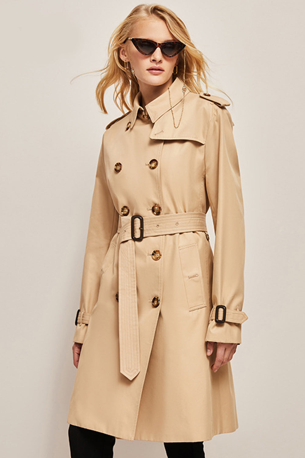 Khaki Double Breasted Long Slim Fit Trench Coat with Belt