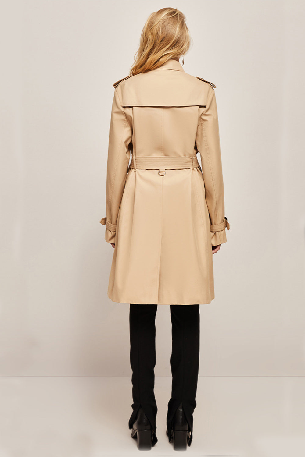 Khaki Double Breasted Long Slim Fit Trench Coat with Belt