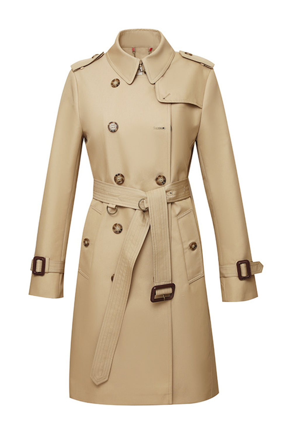 Khaki Double Breasted Long Slim Fit Trench Coat with Belt