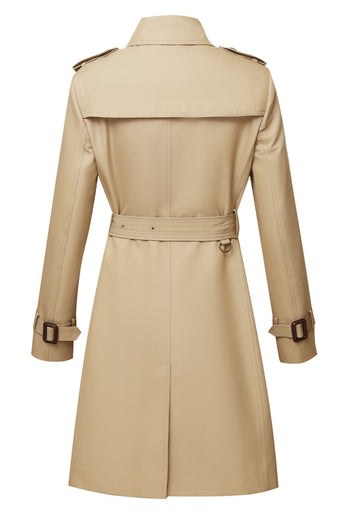 Khaki Double Breasted Long Slim Fit Trench Coat with Belt