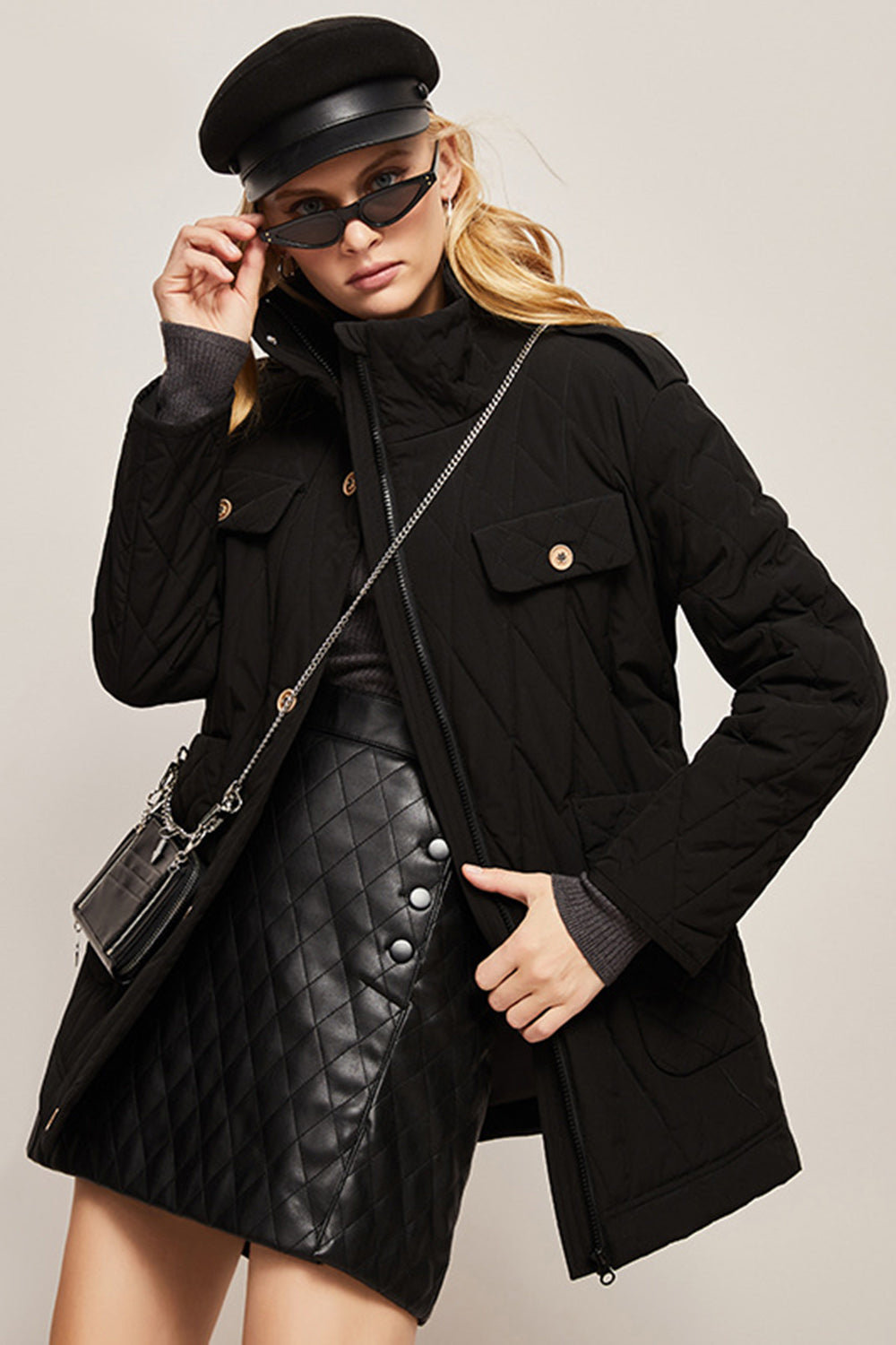 Beige Button Lapel Quilted Slim Fit Puff Jacket