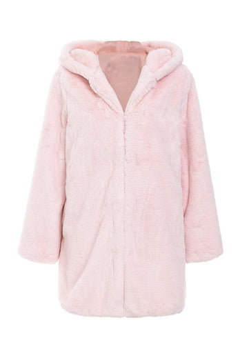 Pink Hooded Faux Fur Midi Shearling Coat