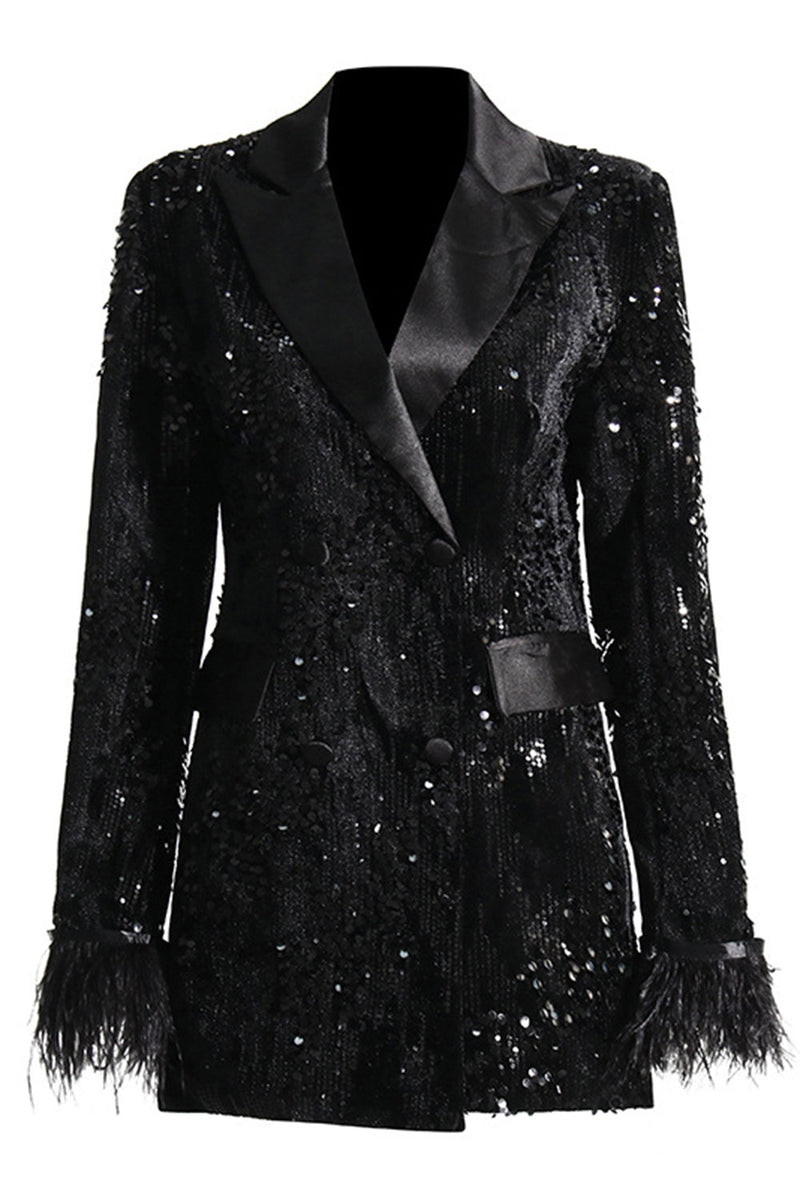 Load image into Gallery viewer, Glitter Black Peak Lapel Sequins Women Blazer with Feathers