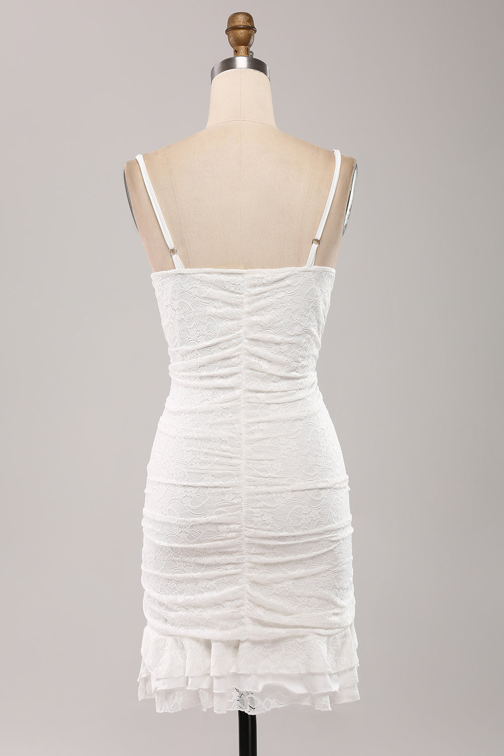 Spaghetti Straps Bodycon Pleated Lace Little White Graduation Dress