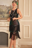 Glitter Black Green Sequins Fringes 1920s Gatsby Dress