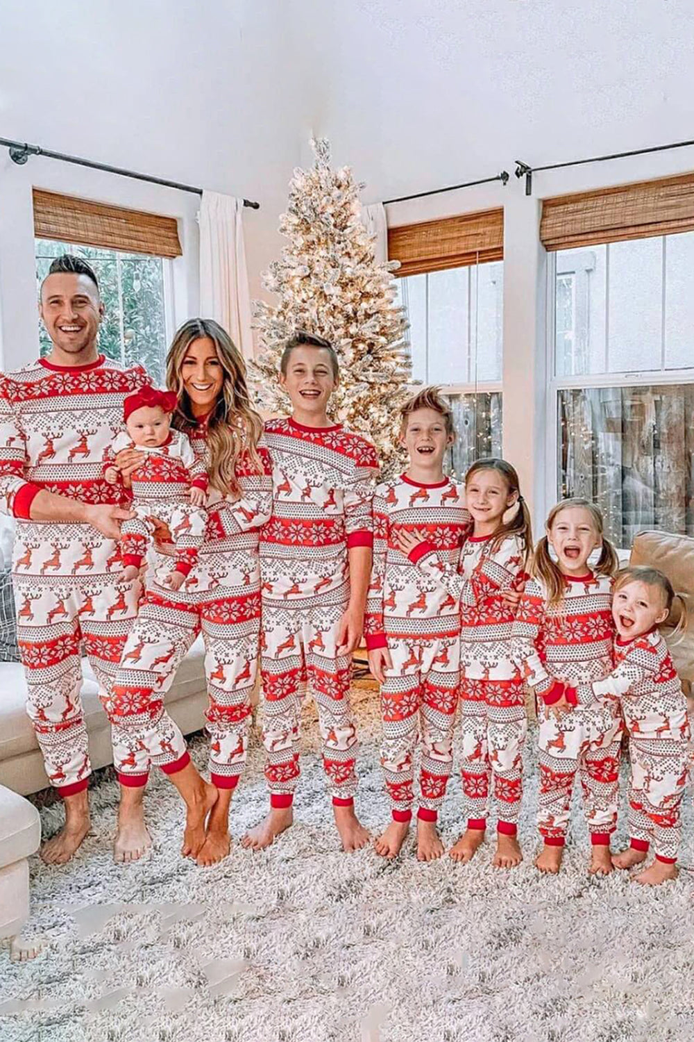 ZAPAKA Christmas Red Snowflake and Deer Pattern Christmas Pajama Set Round Neck Long Sleeves Fmaily Matching Pajama Set