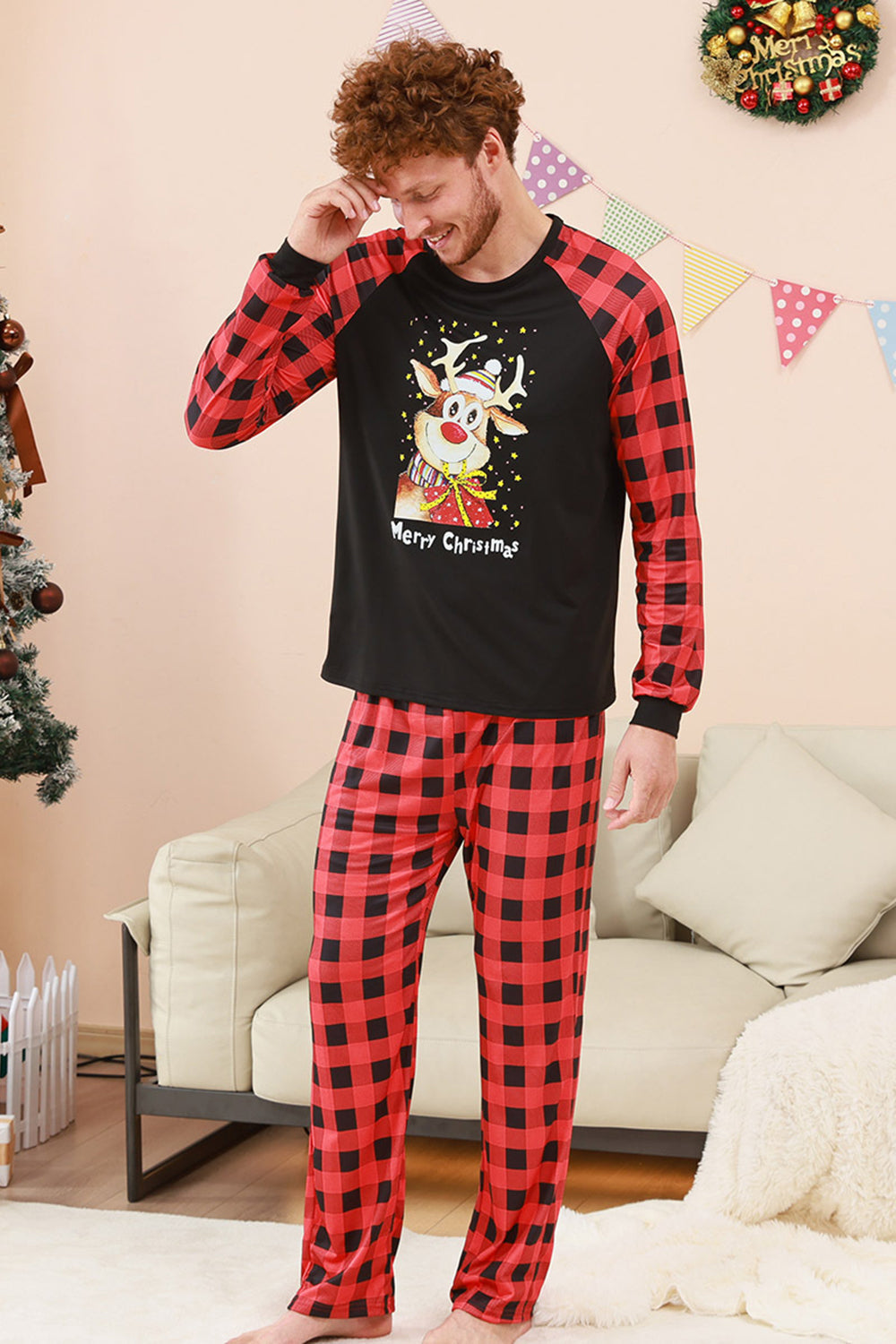 Black and Red Plaid Deer Printed Christmas Family Pajamas Set