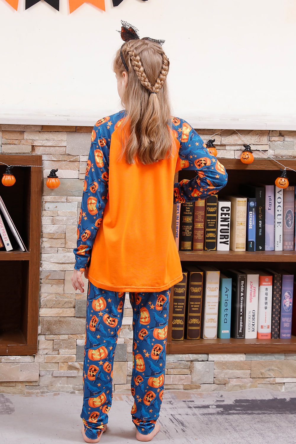 Orange Pumpkin Print Family Halloween Pajamas (Long Sleeves)